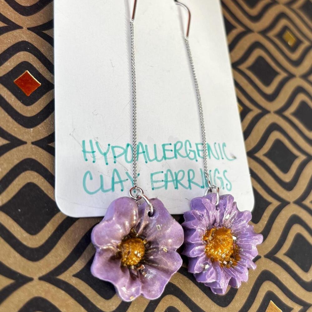 Set of Silver Threader Earrings, Purple Flower Jewelry, Mismatched Earrings - Picture 4 of 5